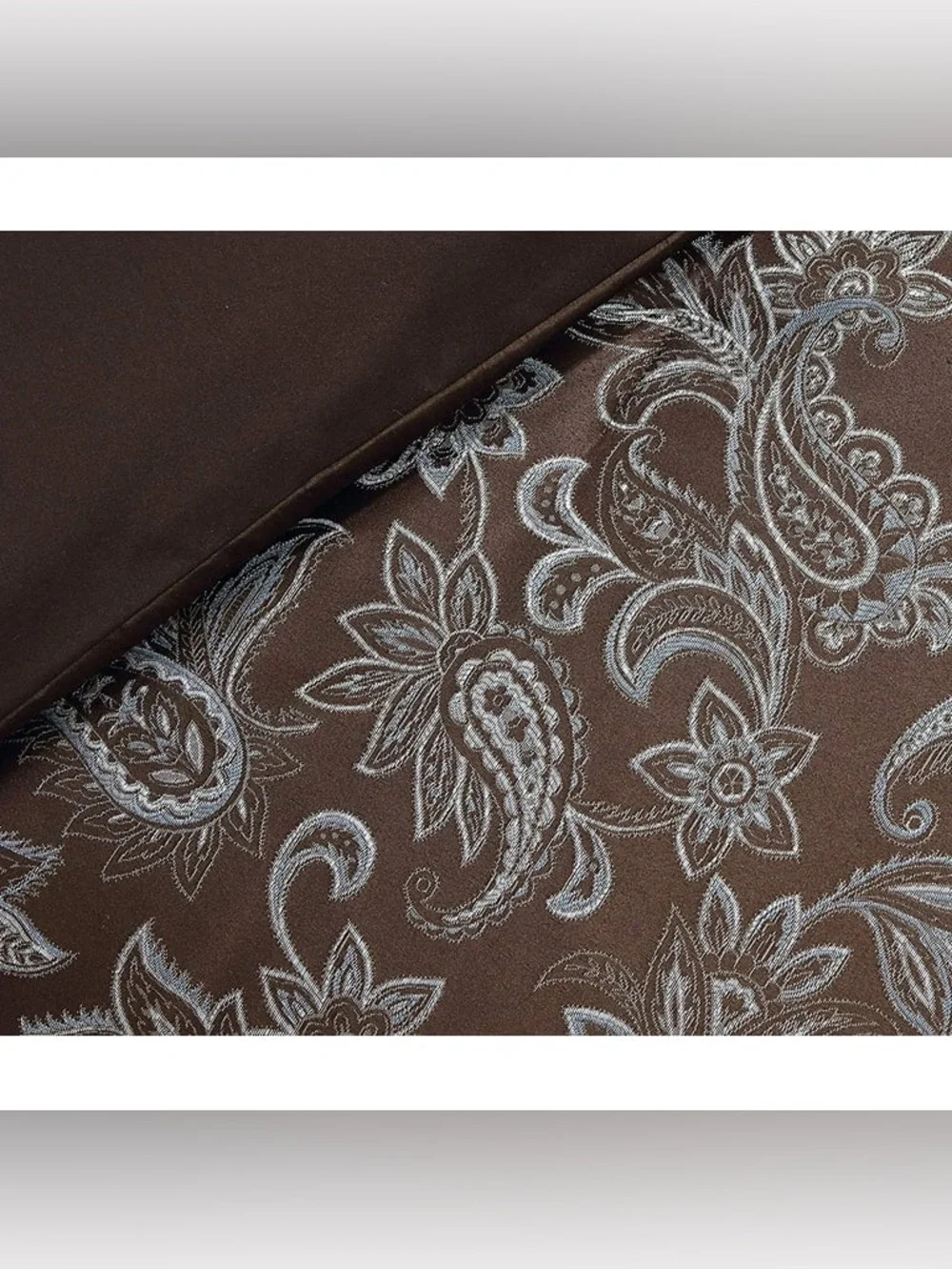 Brown Floral Jacquard Queen 3 piece Comforter Set with Light Blue Trim